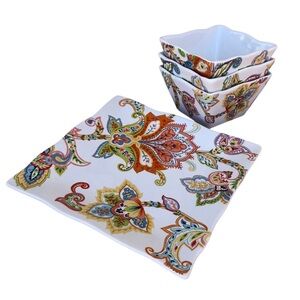 222 Fifth Indochine Paisley Ceramic Set Of 1 Snack Plate & 3 Dipping Bowls